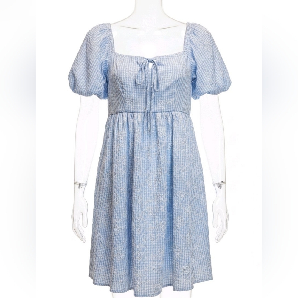 ORIGINALITY BLUE WHITE GINGHAM TIE-FRONT PUFF SLEEVE MINI DRESS SZ MEDIUM